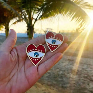 NEW! Boho Red Enamel Heart Evil Eye Stud Earrings